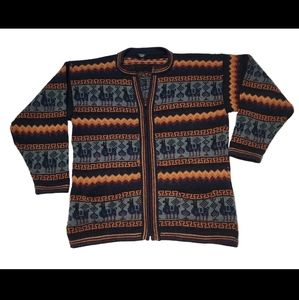 Arcohi's Alpaca Wool Sweater Zip Up Cardiagn L/ XL Blue Gold Alpacas Print